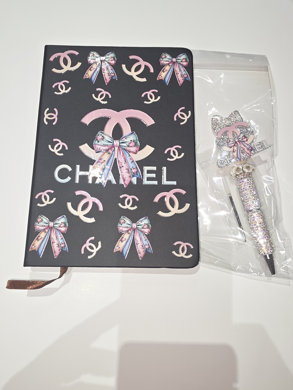 Fashion Inspired Black Notebook with Pink and Pastel Bow Accents